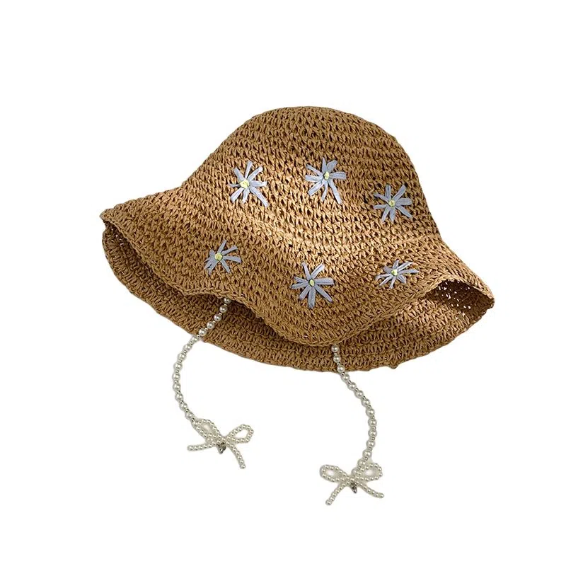 艾佳微 珍珠蝴蝶结小清新花朵遮阳海边沙滩防晒太阳 草编 渔夫帽 女款