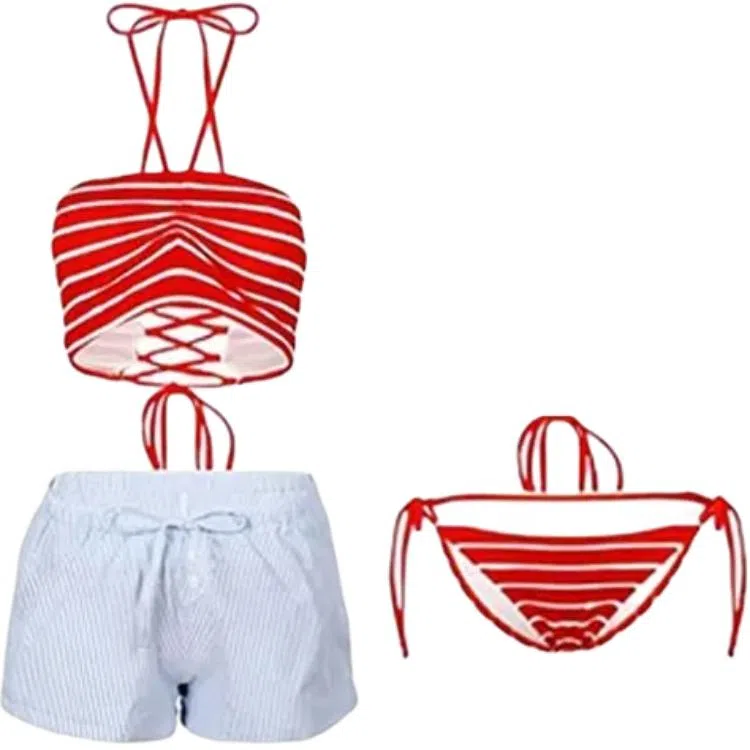 木清清 元气少女条纹性感挂脖高腰保守分体温泉度假泳衣套装 女款