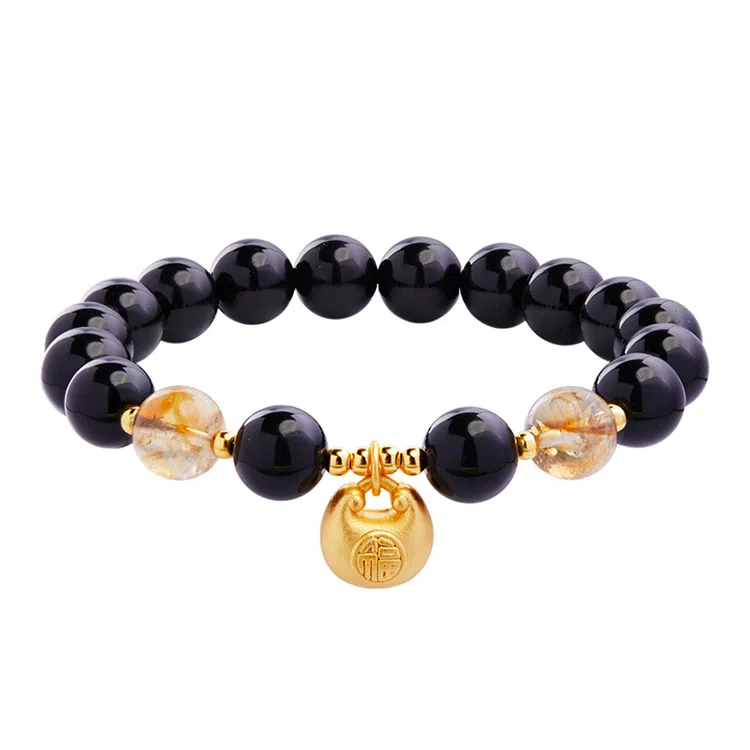 玄唐 小胖福黄塔晶串珠新中式复古高级处理 黑曜石 手串 男女同款情侣款