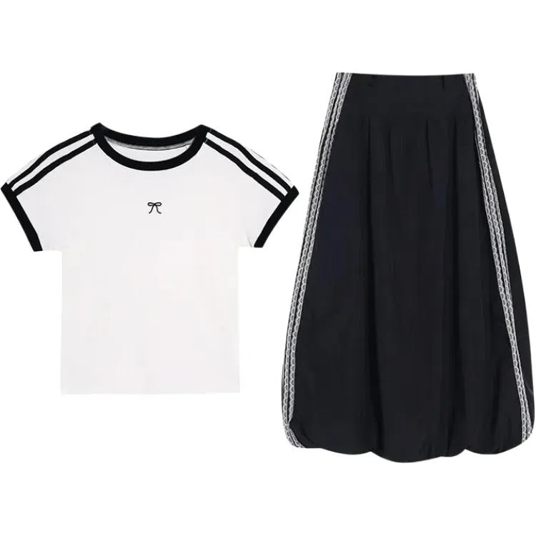 木清清 条纹正肩短袖半身裙女夏季休闲套装 女款