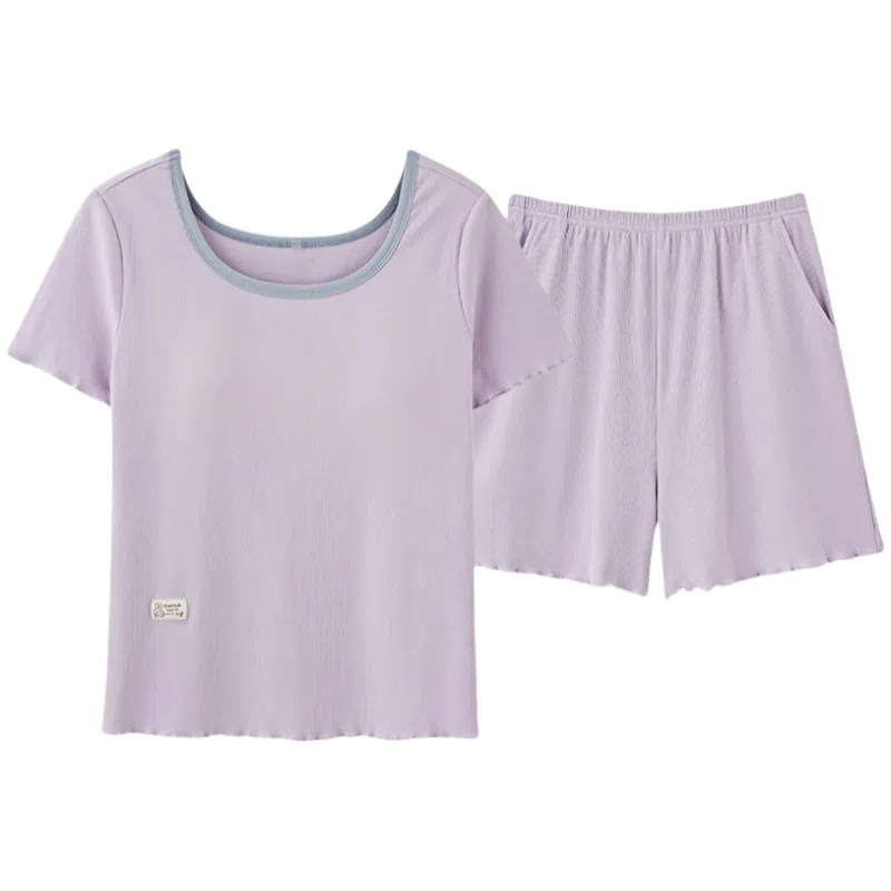 兰缪 时尚舒适透气自带胸垫微弹无束缚短袖三分裤睡衣套装 女款