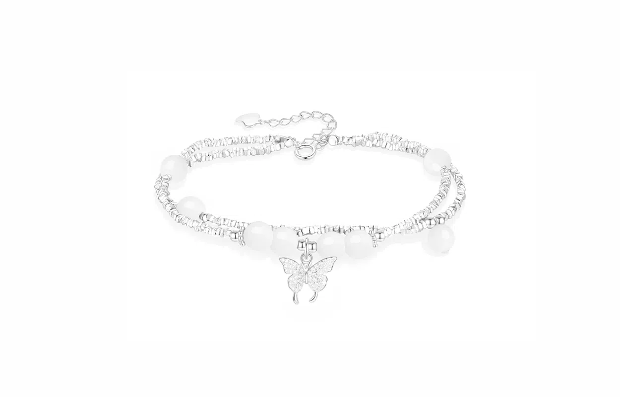 牧言 碎银几两蝴蝶 复古新中式气质温柔浪漫高级感 轻奢百搭闪耀星光蝶舞双层叠戴圆珠手饰 日常通勤 白玉菩提 手链 女款