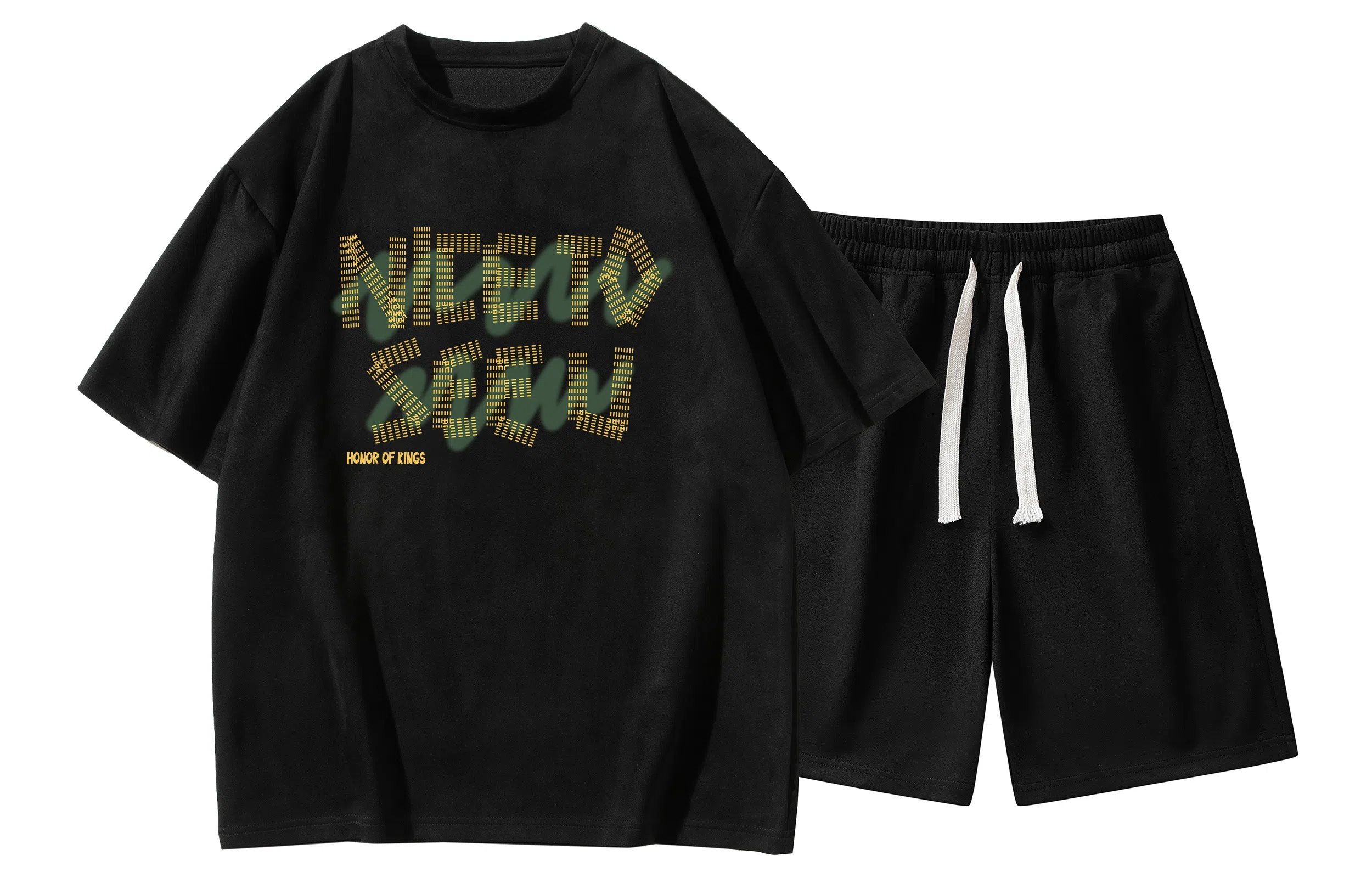 王者荣耀 美式麂皮绒创意字母上衣五分抽绳短裤两件套宽松舒适透气亲肤高街痞帅少年感无性别时尚百搭休闲运动套装 男女同款