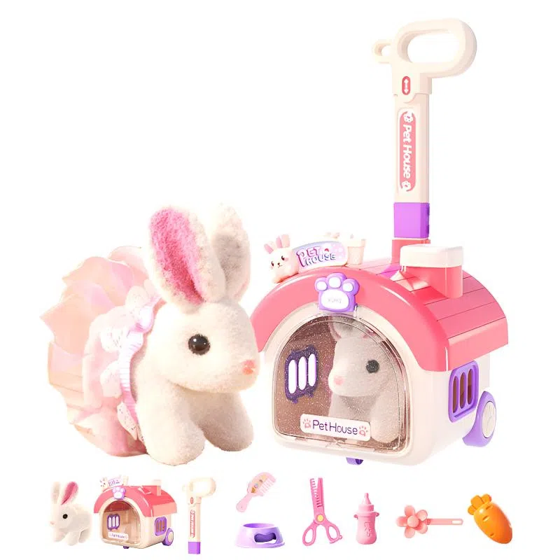 益米 电动毛绒兔子 粉色拉杆小屋 过家家 早教益智玩具