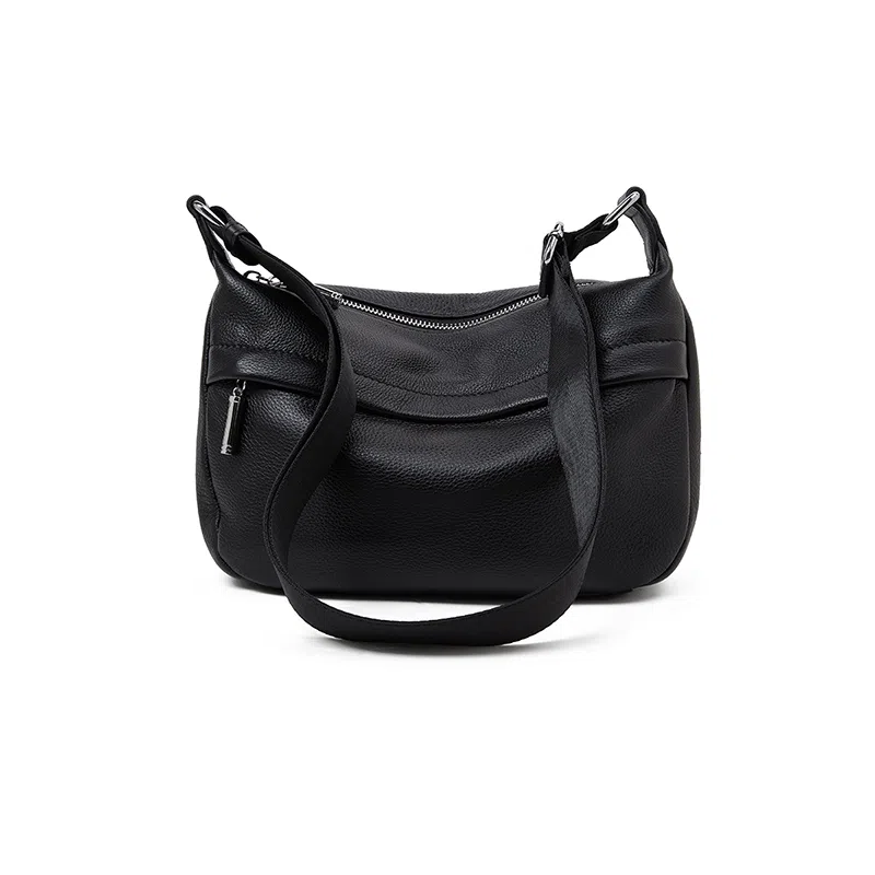 老人头 时尚感气质通勤简约百搭 头层牛皮 单肩斜挎包 女款 黑色
