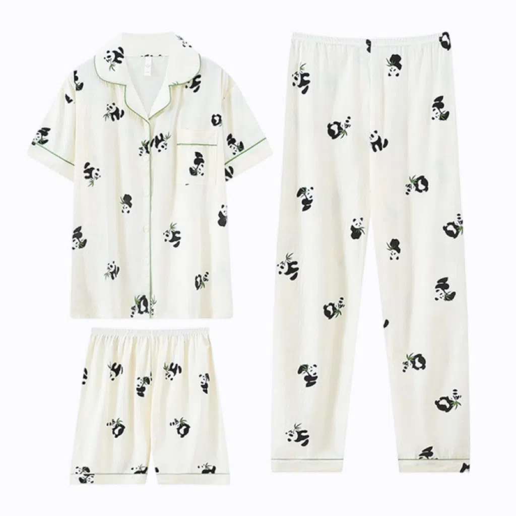 夏芬妍 柔软舒适卡通竹叶熊猫云朵棉翻领开衫家居服亲肤休闲短袖三件套时尚可外穿睡衣套装 女款 杏色