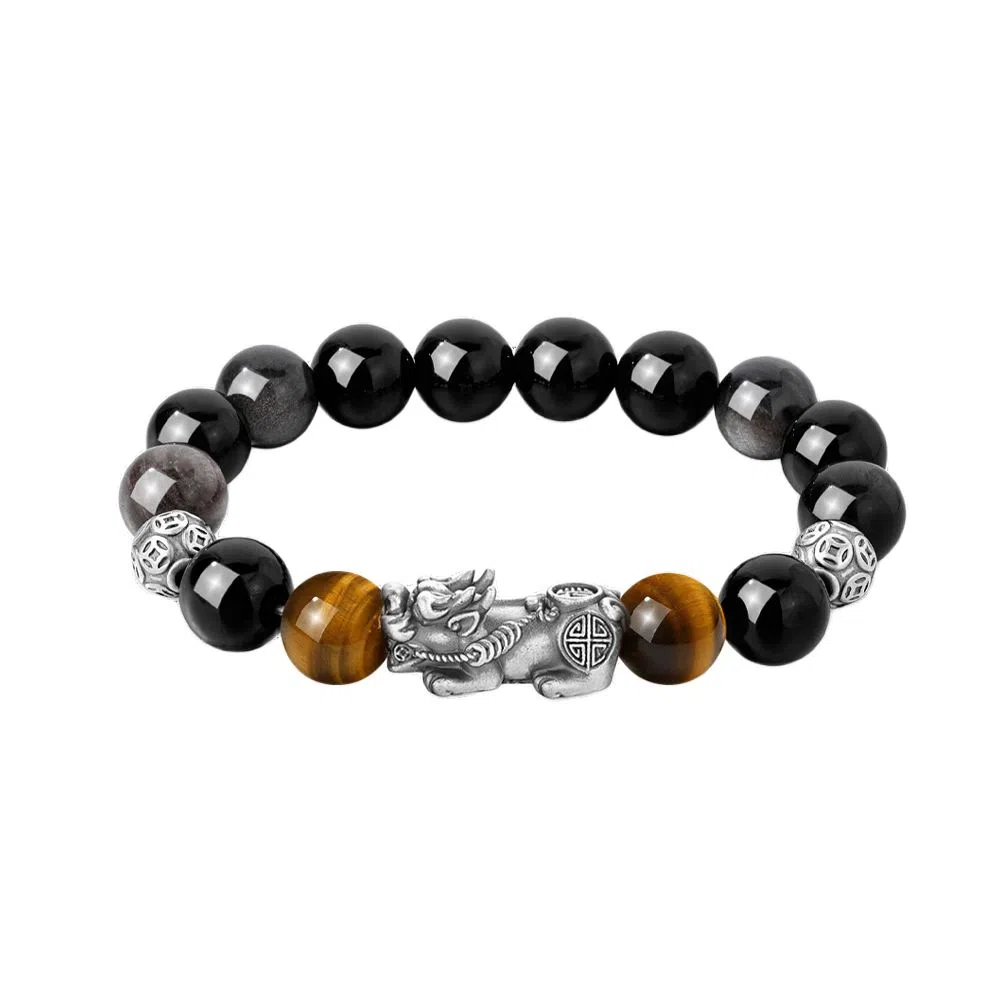 【999足银纯银 财源广进】 福韵金 六桂福 招财貔貅吞金兽新中式国潮复古招财纳福转运珠#好运合成/人造 黑曜石 手串 男女同款情侣款