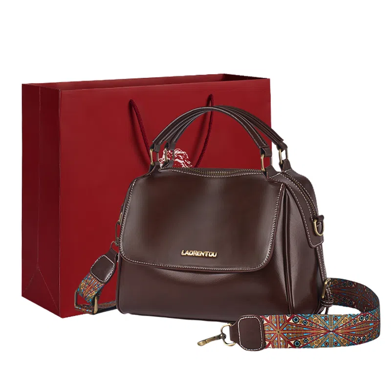 老人头 欧式复古通勤实用百搭中年妈妈款母亲优雅大气手拎宽肩带女士 牛皮拼超纤 女包斜挎包单肩包手提包 常规 女款 红棕色