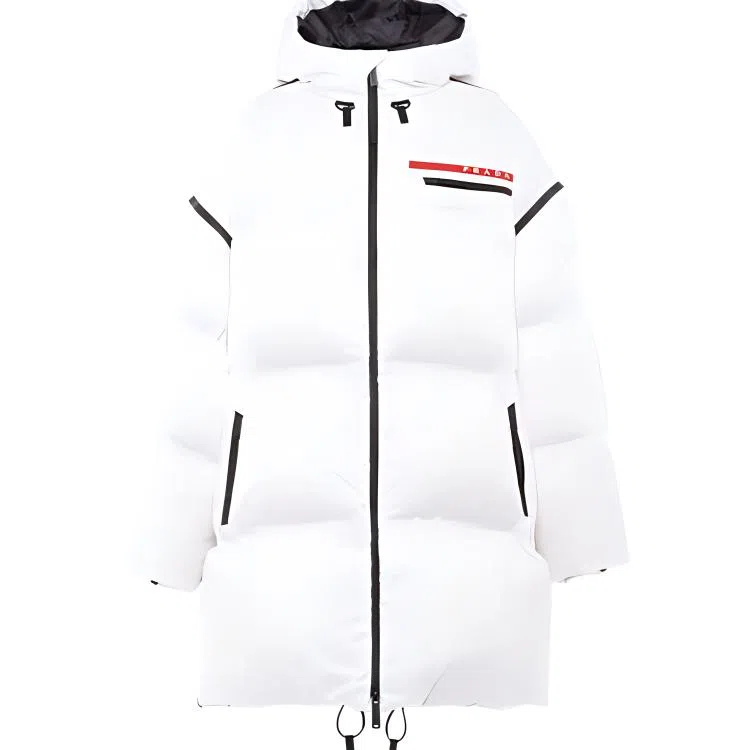 Prada Oversized Long Nylon Colorblock Hooded Down Coat White