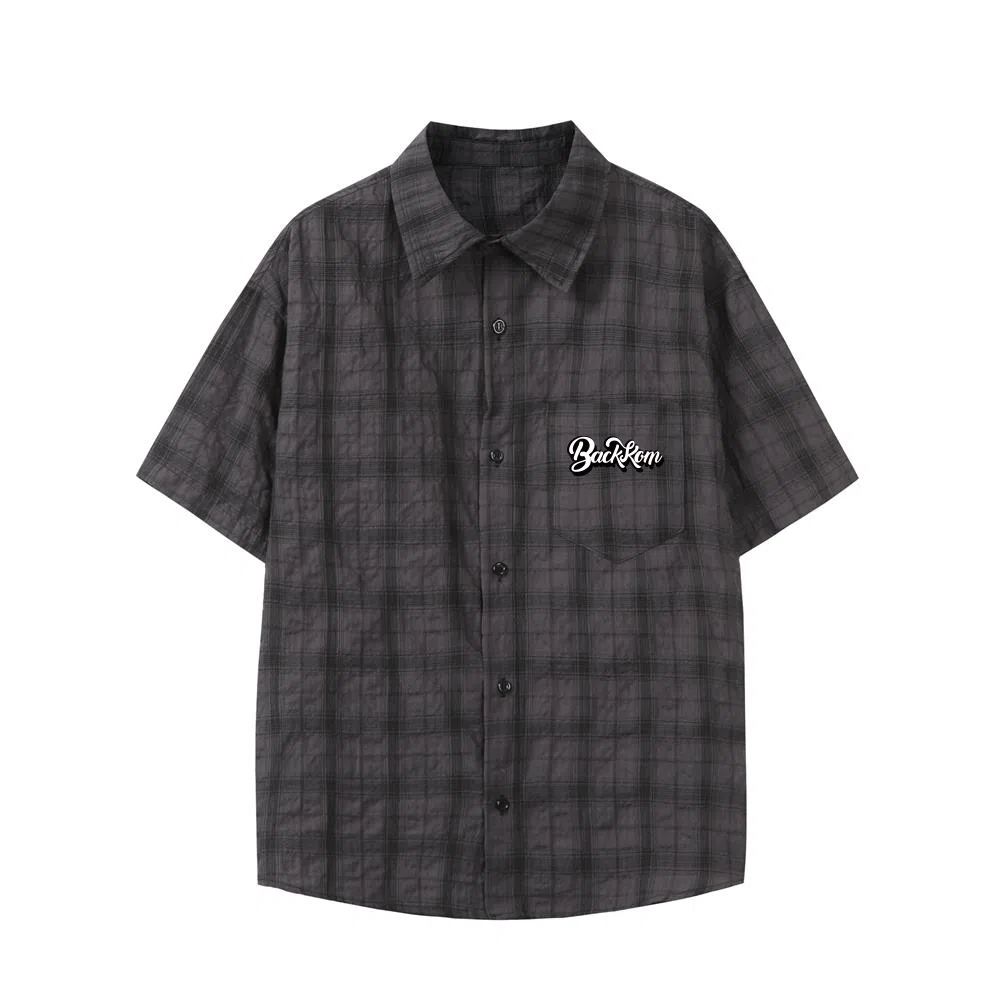 大卫贝肯 韩版复古格子基础款时尚休闲学院风小众褶皱设计随性慵懒感无性别主义宽松百搭轻薄凉爽透气日常通勤翻领短袖衬衫 男女同款