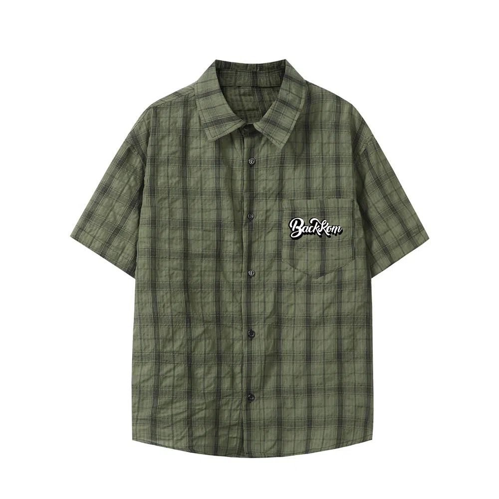 大卫贝肯 韩版复古格子基础款时尚休闲学院风小众褶皱设计随性慵懒感无性别主义宽松百搭轻薄凉爽透气日常通勤翻领短袖衬衫 男女同款