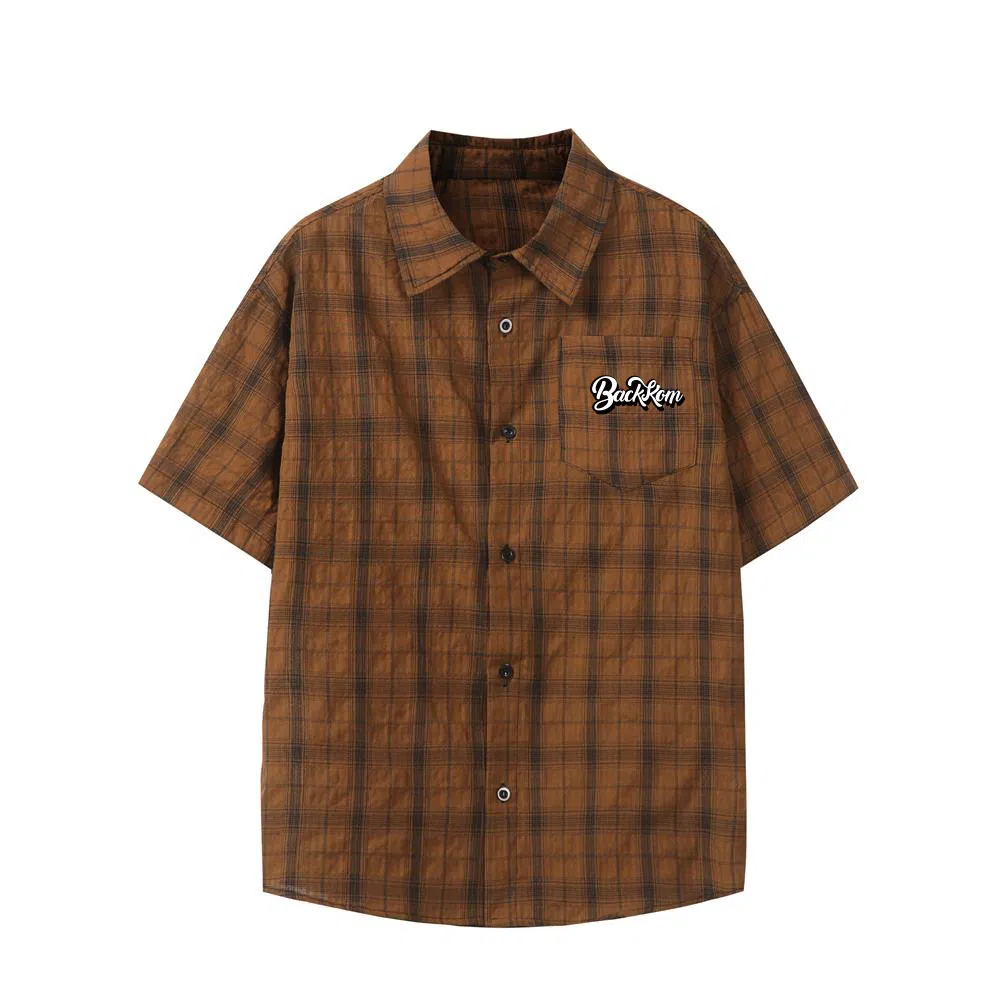 大卫贝肯 韩版复古格子基础款时尚休闲学院风小众褶皱设计随性慵懒感无性别主义宽松百搭轻薄凉爽透气日常通勤翻领短袖衬衫 男女同款