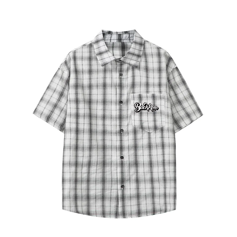 大卫贝肯 韩版复古格子基础款时尚休闲学院风小众褶皱设计随性慵懒感无性别主义宽松百搭轻薄凉爽透气日常通勤翻领短袖衬衫 男女同款