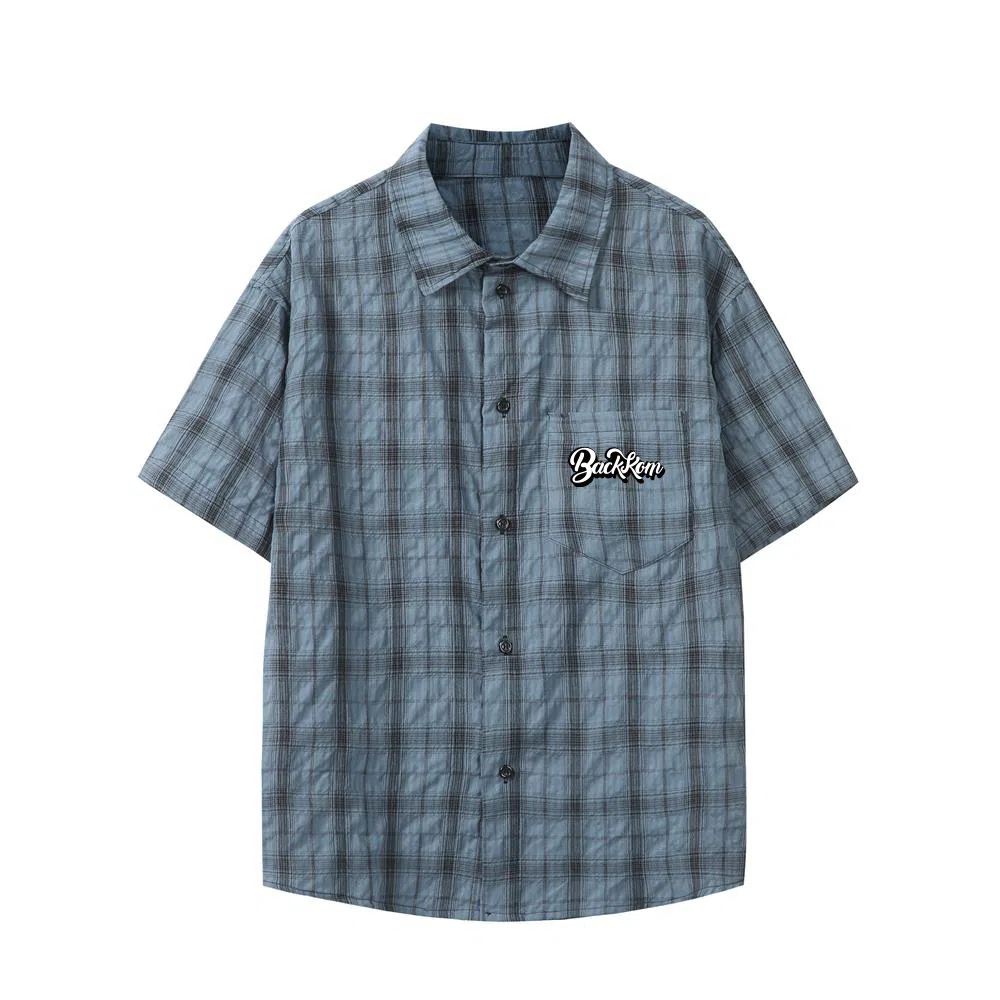 大卫贝肯 韩版复古格子基础款时尚休闲学院风小众褶皱设计随性慵懒感无性别主义宽松百搭轻薄凉爽透气日常通勤翻领短袖衬衫 男女同款