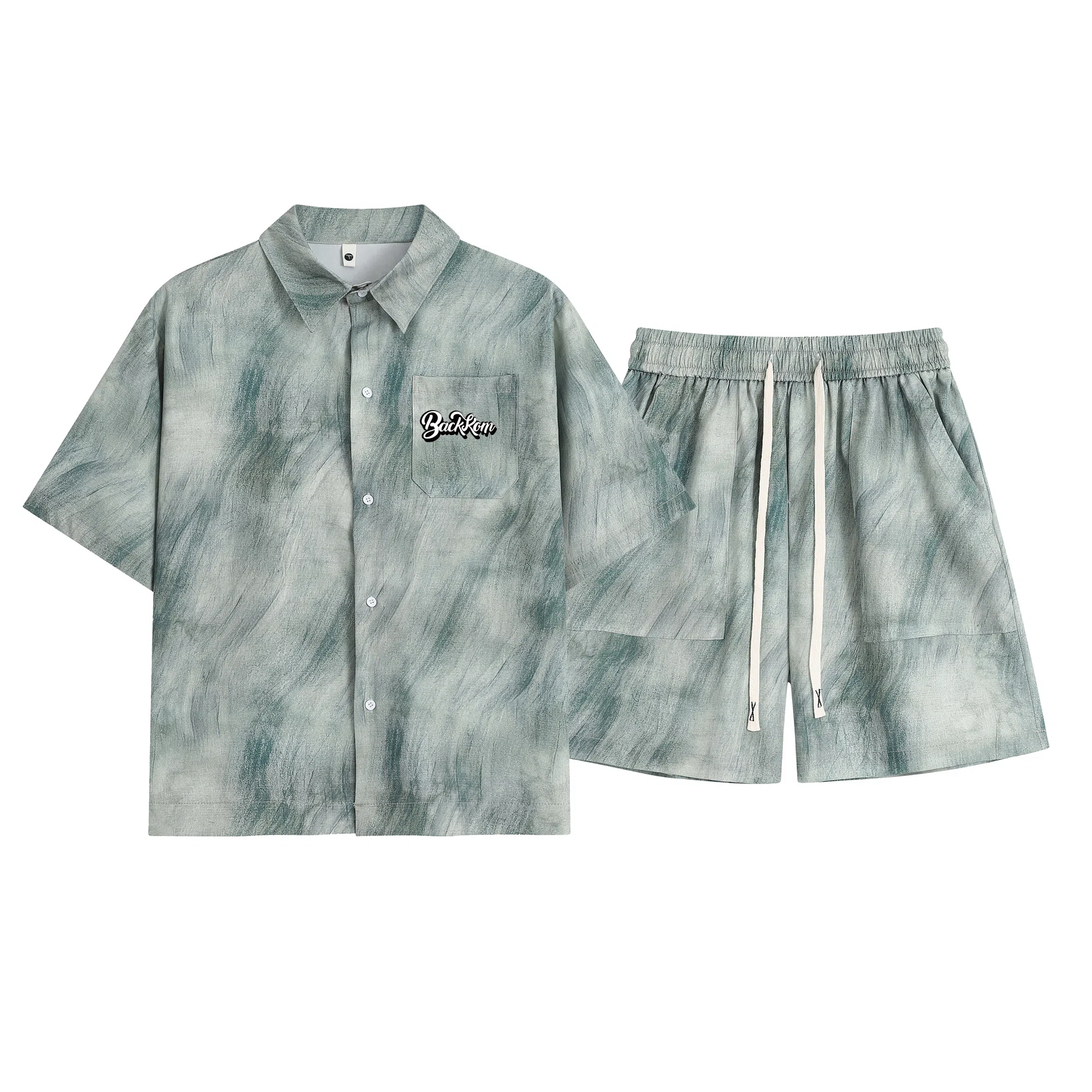 大卫贝肯 美式复古高品质重磅潮流薄款冰丝油墨晕染斑驳设计感格子百搭翻领落肩短袖衬衫搭基础款五分裤宽松休闲运动套装 男女同款