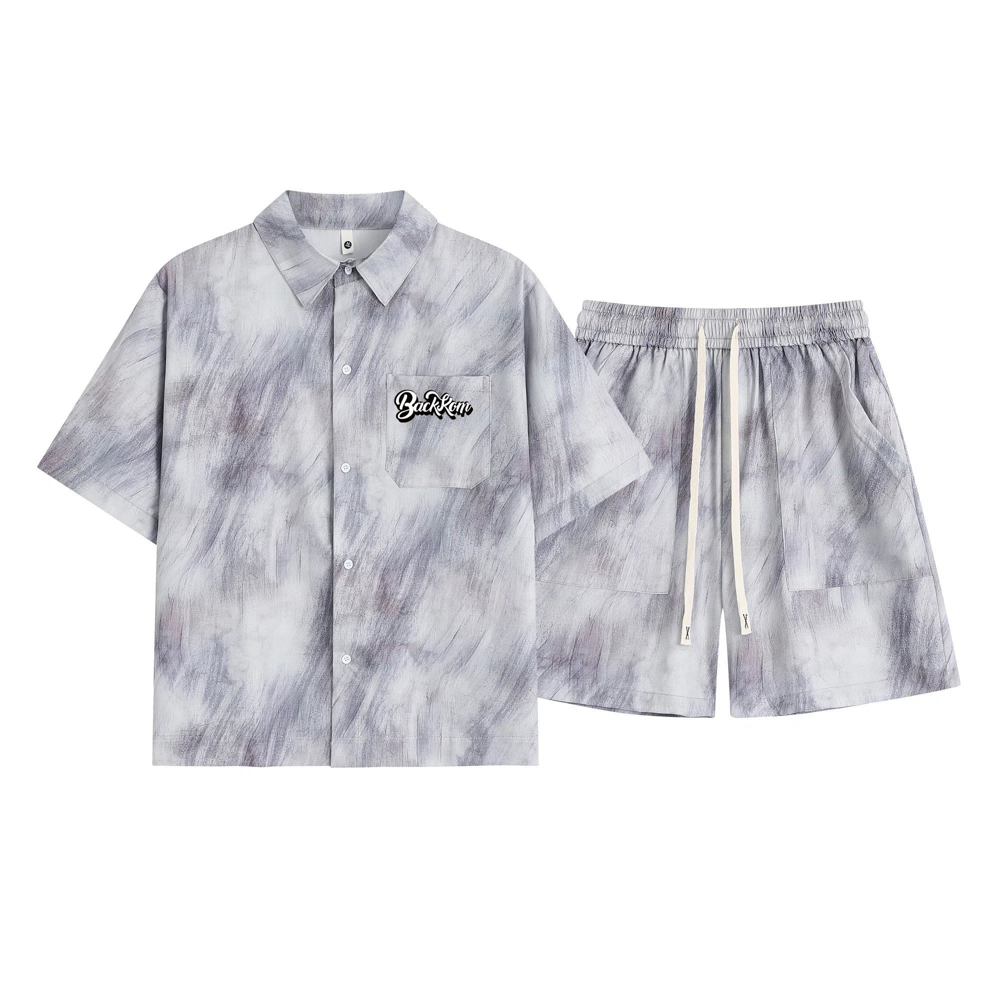 大卫贝肯 美式复古高品质重磅潮流薄款冰丝油墨晕染斑驳设计感格子百搭翻领落肩短袖衬衫搭基础款五分裤宽松休闲运动套装 男女同款