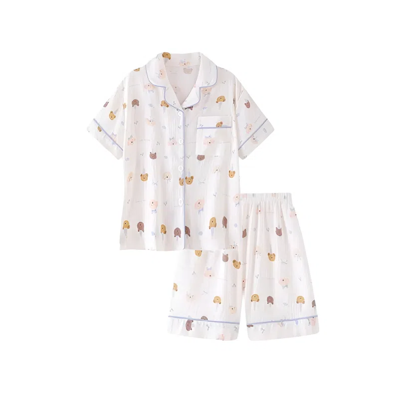 夏芬妍 柔软舒适派对萌宠云朵棉开衫家居服亲肤休闲短袖短裤时尚可外穿睡衣套装 女款 杏色