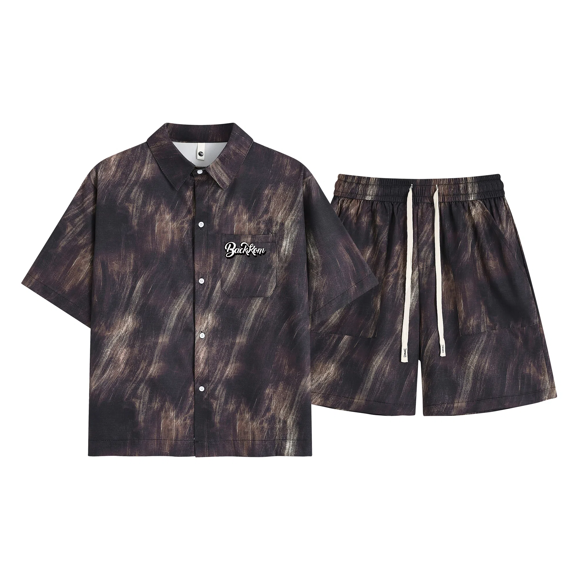 大卫贝肯 美式复古高品质重磅潮流薄款冰丝油墨晕染斑驳设计感格子百搭翻领落肩短袖衬衫搭基础款五分裤宽松休闲运动套装 男女同款