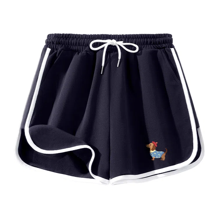 棉致 卡通小狗简约个性百搭舒适纯棉透气系带抽绳包边撞色印花微宽松三分休闲短裤 女款