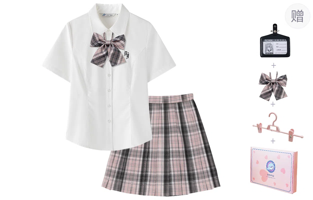 东鲸岁时记 学院风简约设计修身收腰显瘦短袖刺绣衬衫百褶裙裙装套装 女款