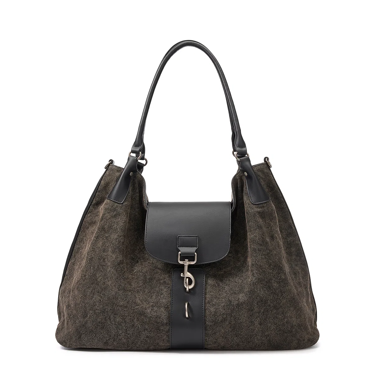 黑田矢衛 苔岩做旧手抓纹托特包锁扣小众拼接高级感松弛感通勤流浪包手提斜挎包 帆布 砺锁 单肩包 大号 男女同款情侣款 褐绿色