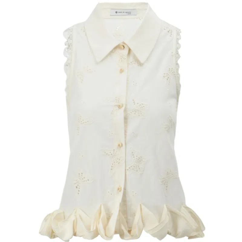 谜秀 蕾丝翻领镂空无袖短袖法式衬衫 女款