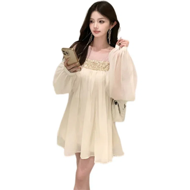 黛尔佳人 网纱亮片拼接宽松温柔短裙长袖连衣裙 女款