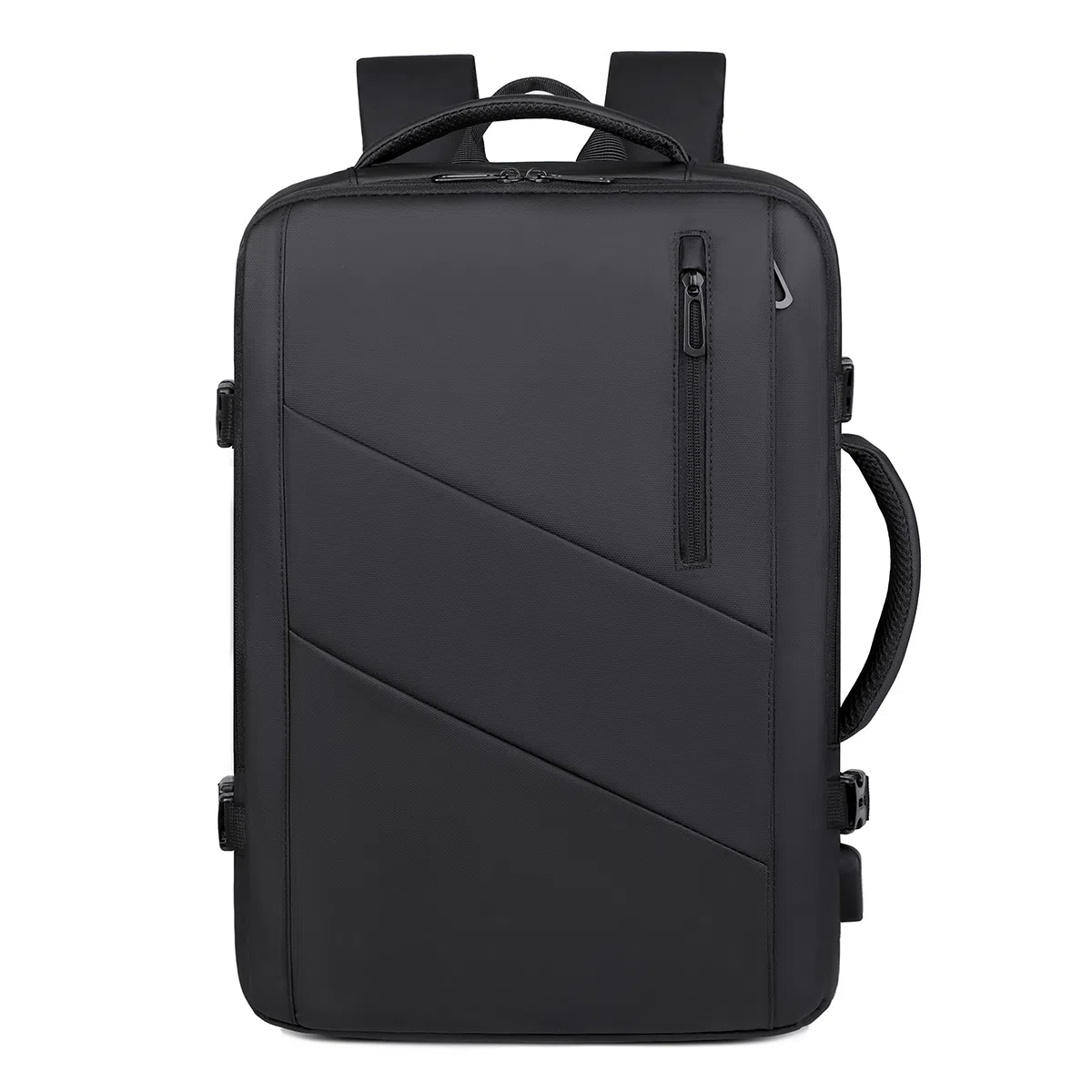 老人头 商务出差大容量多功能背部固定带设计防泼水背包 皮膜 双肩包 男款 黑色