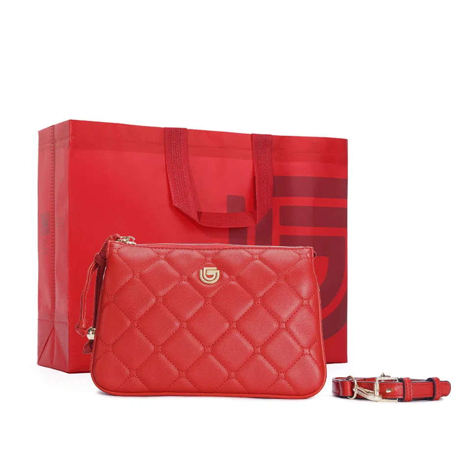 都宝路 百搭小香风菱格日常通勤气质质感精致小方包 合成革 单肩斜挎包 中号 女款 焦糖/红色/粉红