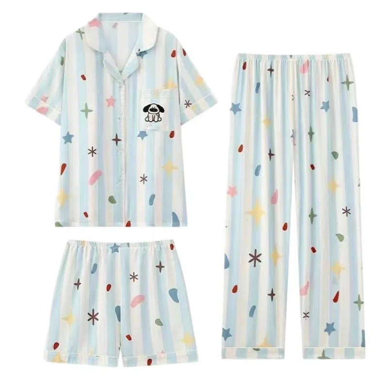 夏芬妍 甜美休闲舒适条纹星星小狗冰丝家居服亲肤宽松短袖短裤长裤时尚可外穿睡衣套装 女款