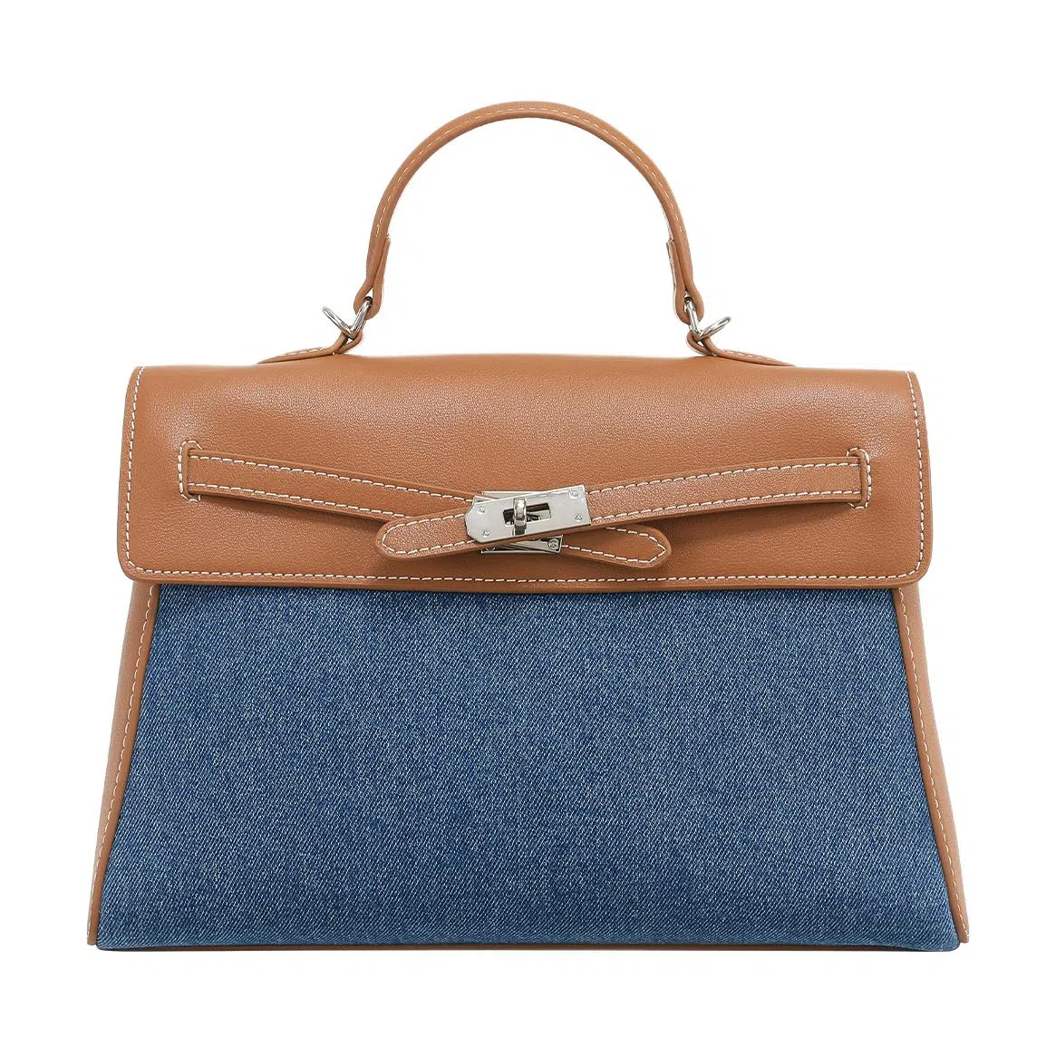 妙迪 丹宁简约经典复古拼接撞色 牛皮 单肩斜挎手提包 女款 牛仔蓝