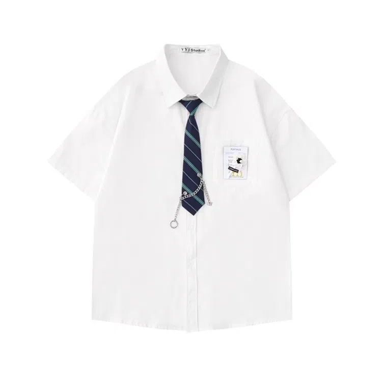 沐诚阳译 夏季潮牌设计感短袖领带男女学院风情侣宽松休闲衬衫 男款