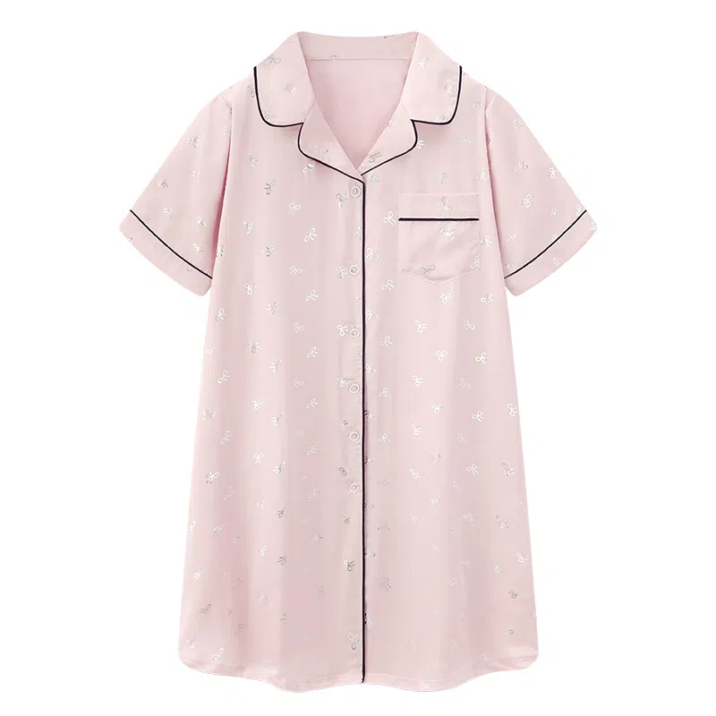 夏芬妍 休闲舒适高级感烫银蝴蝶结冰丝翻领家居服亲肤宽松短袖时尚可外穿夏季睡裙 女款