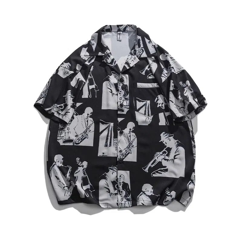 大格子与黑猫 美式潮牌复古宽松个性潮流休闲舒适短袖衬衫 男款