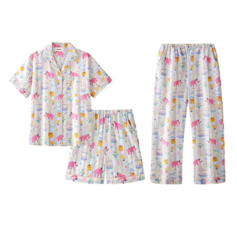 夏芬妍 柔软舒适卡通游乐小象云朵棉翻领开衫家居服亲肤休闲短袖三件套时尚可外穿夏季睡衣套装 女款