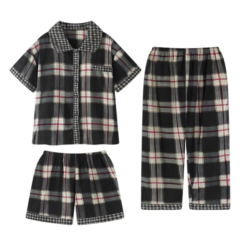 夏芬妍 柔软舒适经典格子云朵棉翻领开衫家居服亲肤休闲短袖三件套时尚可外穿夏季睡衣套装 男女同款