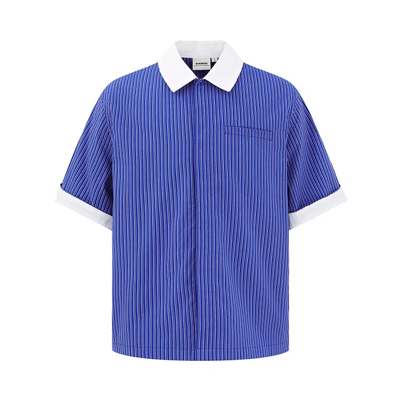 【dme】 美式简约复古条纹学院风百搭翻领拼接撞色短袖寸衣宽松国潮休闲设计感纯棉半袖开衫衬衫 男女同款