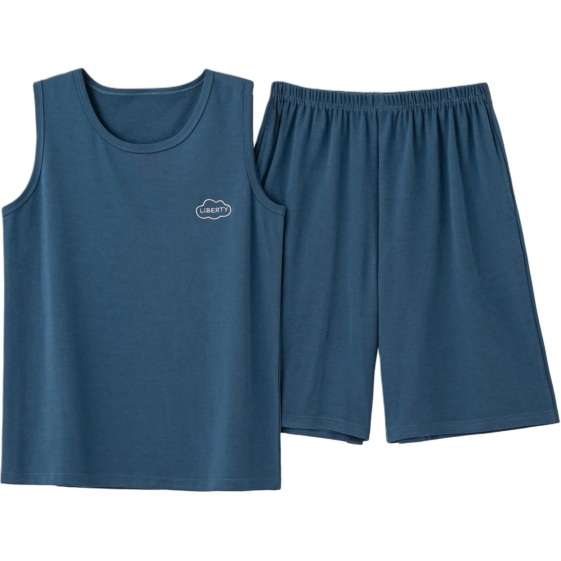 兰缪 时尚纯色透气凉感高弹舒适柔软可外穿无袖背心五分裤睡衣套装 男款