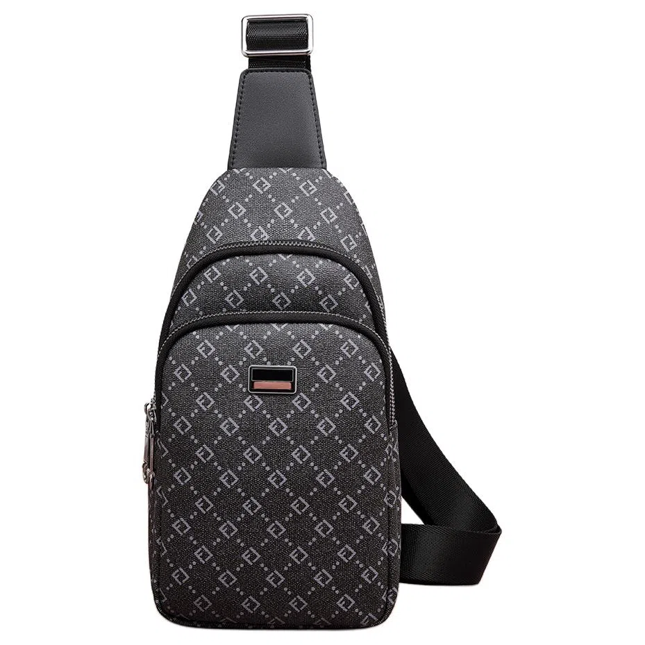 老人头 复古风百搭满印商务通勤老花斜挎包 合成革 胸包 男款 黑色