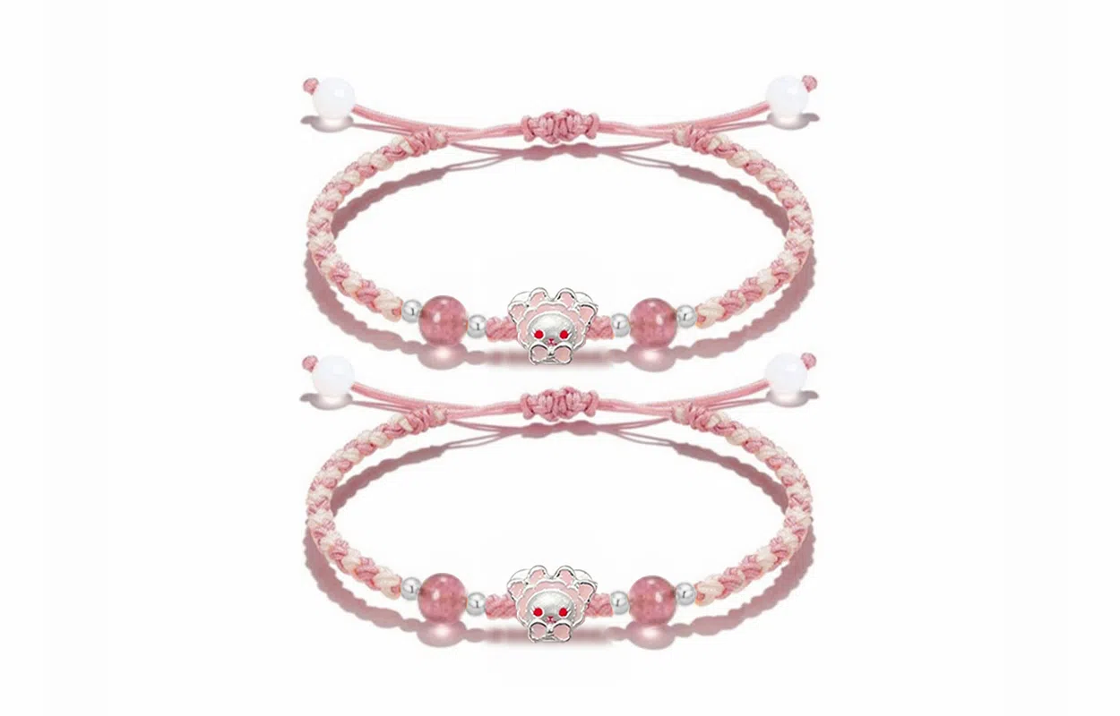 【S999纯银】 牧言 桃花兔熊 萌趣可爱浪漫甜美新中式小众高级感 立体粉蝴蝶结兔子圆珠编织绳手饰 约会好运 足银 手绳 男女同款情侣款