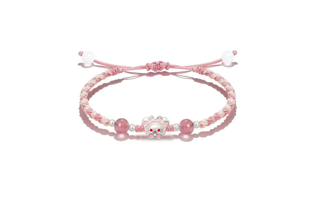 【S999纯银】 牧言 桃花兔熊 萌趣可爱浪漫甜美新中式小众高级感 立体粉蝴蝶结兔子圆珠编织绳手饰 约会好运 足银 手绳 男女同款情侣款