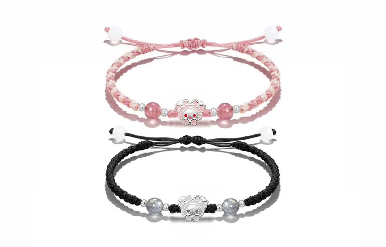 【S999纯银】 牧言 桃花兔熊 萌趣可爱浪漫甜美新中式小众高级感 立体粉蝴蝶结兔子圆珠编织绳手饰 约会好运 足银 手绳 男女同款情侣款