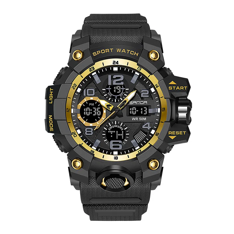 三达 时尚潮流 电子+石英机芯 树脂表带 国表 男表 黑色表盘 夜光防水