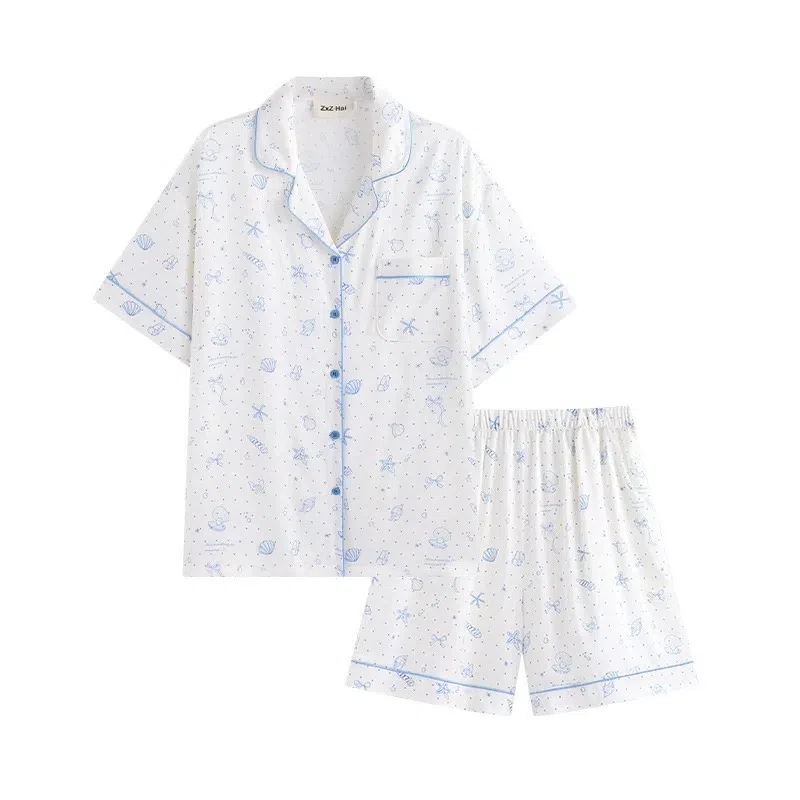 夏芬妍 甜美可爱波点贝壳冰丝翻领短袖短裤家居服柔软舒适休闲可外穿夏季睡衣套装 女款