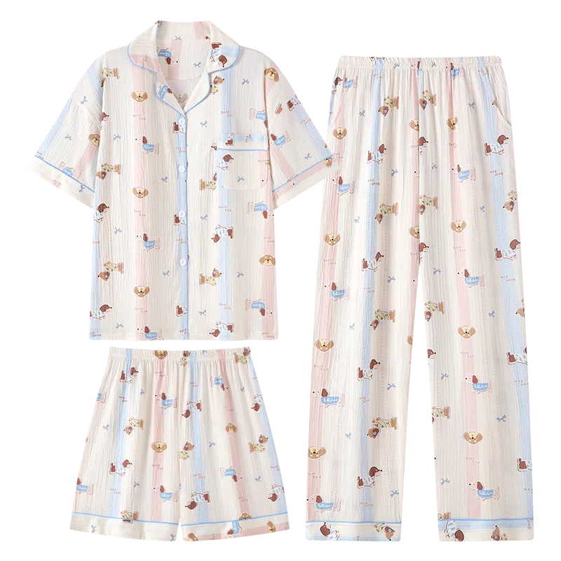 夏芬妍 甜美可爱卡通条纹萌宠翻领云朵棉短袖三件套家居服柔软舒适休闲可外穿睡衣套装 女款
