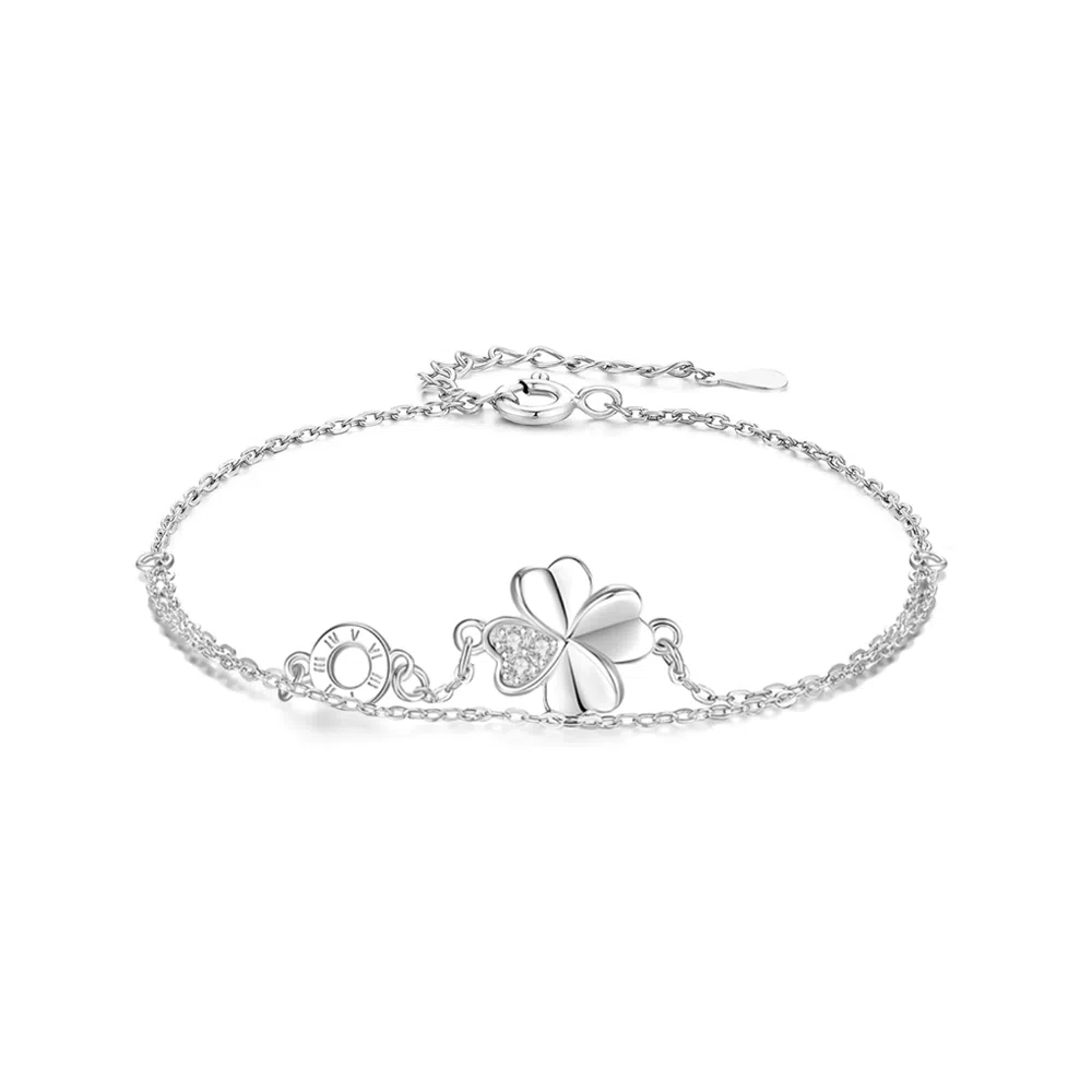 【999足银纯银 幸运四叶草】 福韵金 六桂福 圆环罗马数字轻奢精致简约小众设计小清新甜美闪耀百搭 银 手链 女款