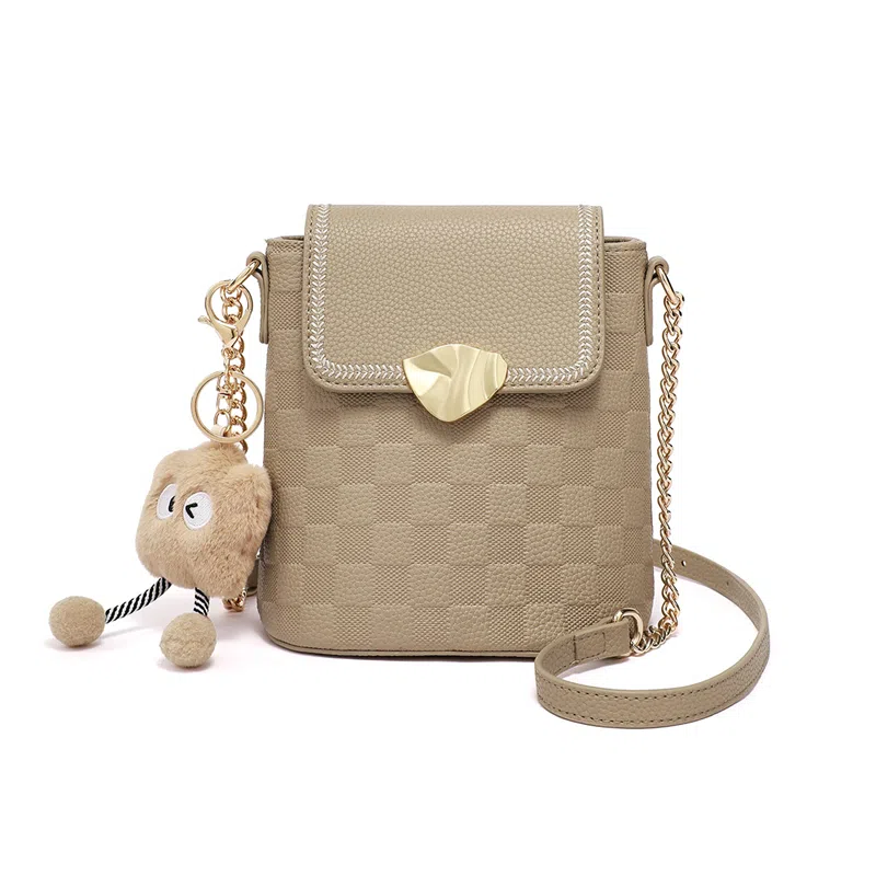 红蜻蜓 格子百搭休闲链条 牛皮拼合成革 单肩斜挎包 小号 女款 饼干杏色