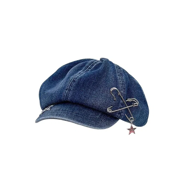 艾佳微 星星别针大版云朵八角画家复古气质显脸小 牛仔布 贝雷帽 男女同款情侣款