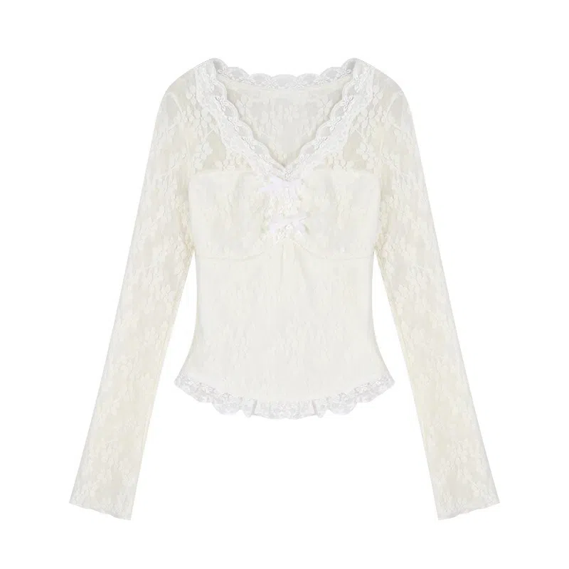 JUFU V-Neck Hollow Long Sleeve Tee