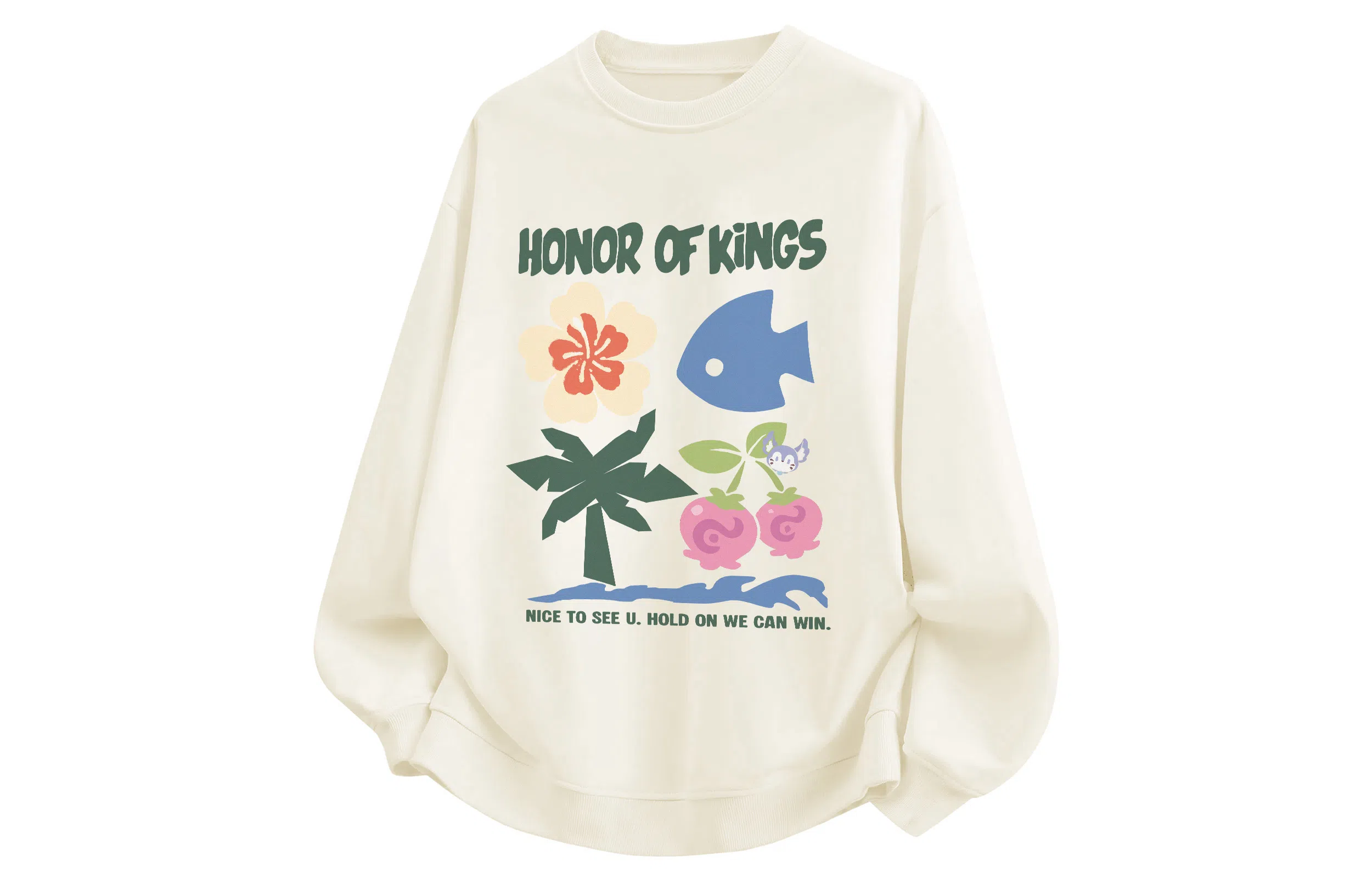 王者荣耀 卡通花卉树木果实游鱼美式高街落肩款宽松舒适透气帅帅青少年无性别百搭时尚潮流圆领卫衣 梦奇款 男女同款